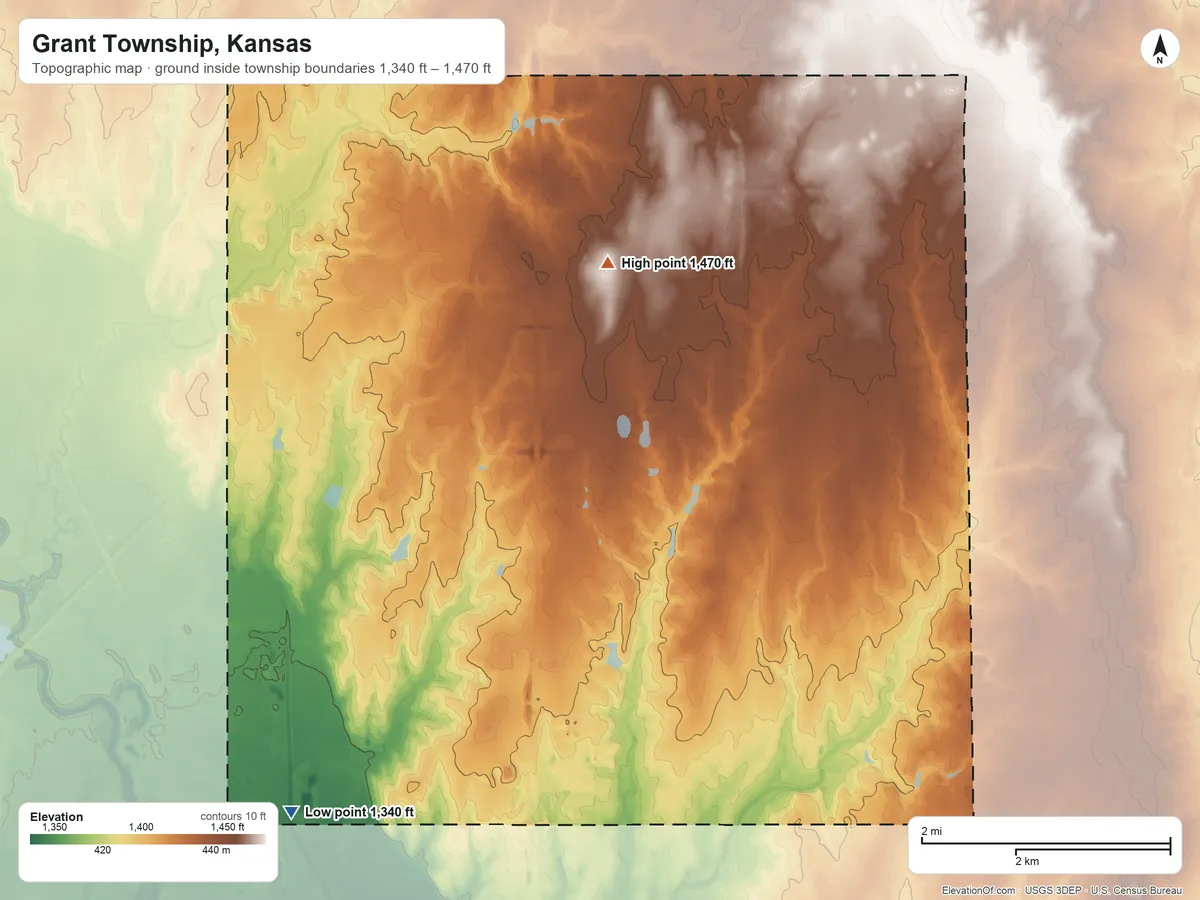 Topographic elevation map of Grant Township, Kansas, shaded from 1,340 ft on the southwest side to 1,470 ft on the northeast side