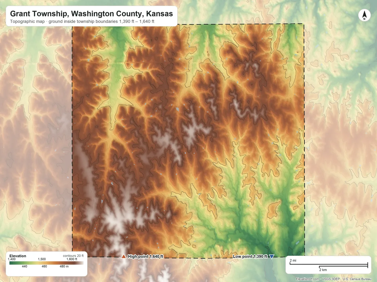 Topographic elevation map of Grant Township, Washington County, Kansas, shaded from 1,390 ft on the southeast side to 1,640 ft on the southwest side