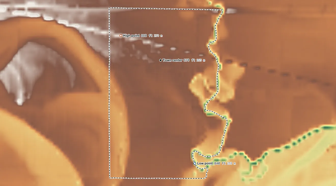 Topographic elevation map of Grantville, Kansas, shaded from 840 ft on the south side to 880 ft on the northwest side