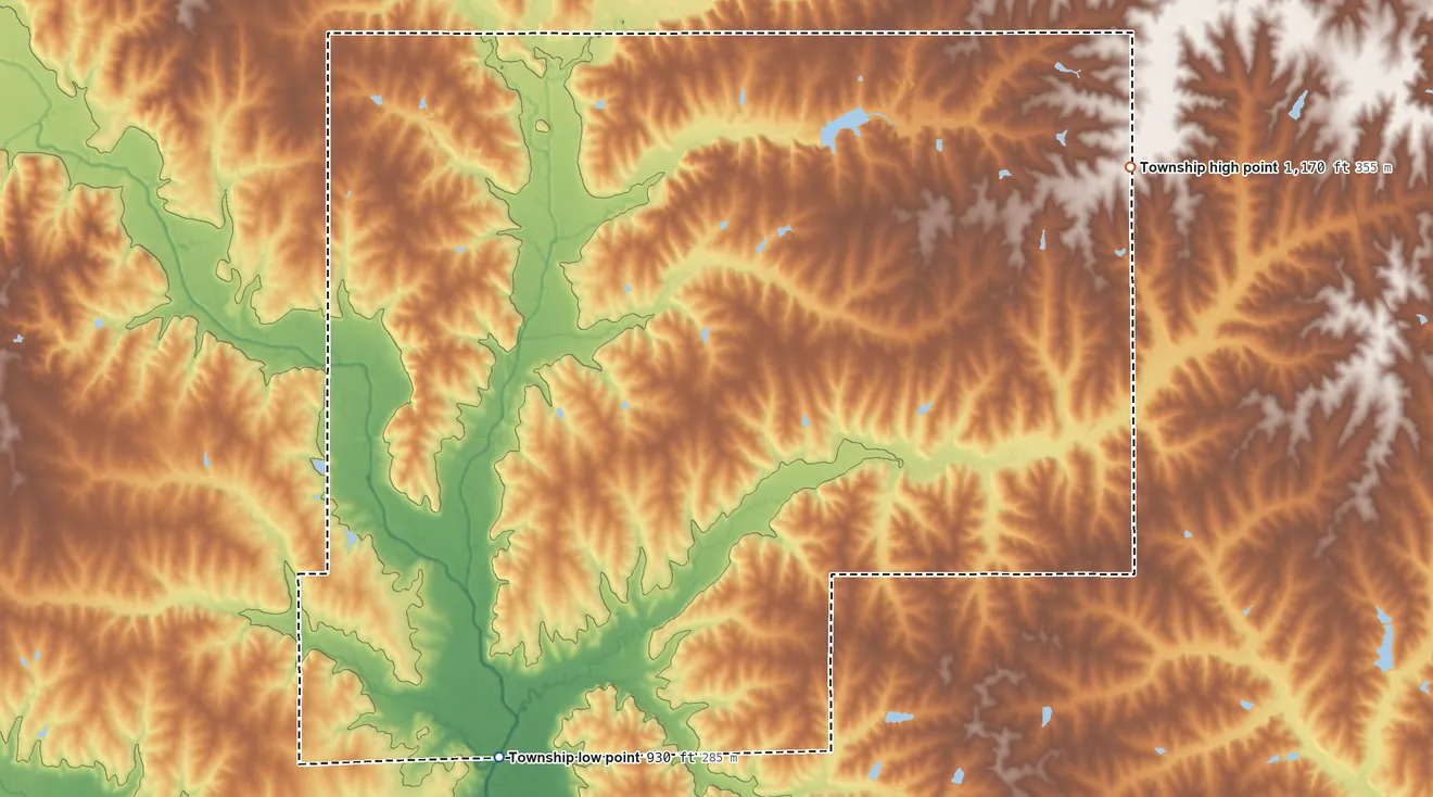 Topographic elevation map of Grasshopper Township, Kansas, shaded from 930 ft on the south side to 1,170 ft on the northeast side