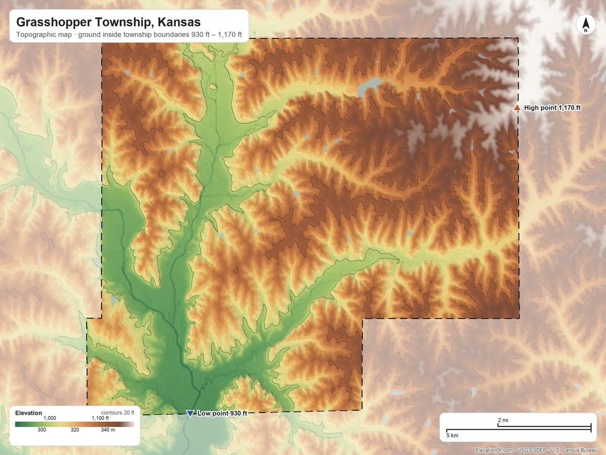 Topographic elevation map of Grasshopper Township, Kansas, shaded from 930 ft on the south side to 1,170 ft on the northeast side