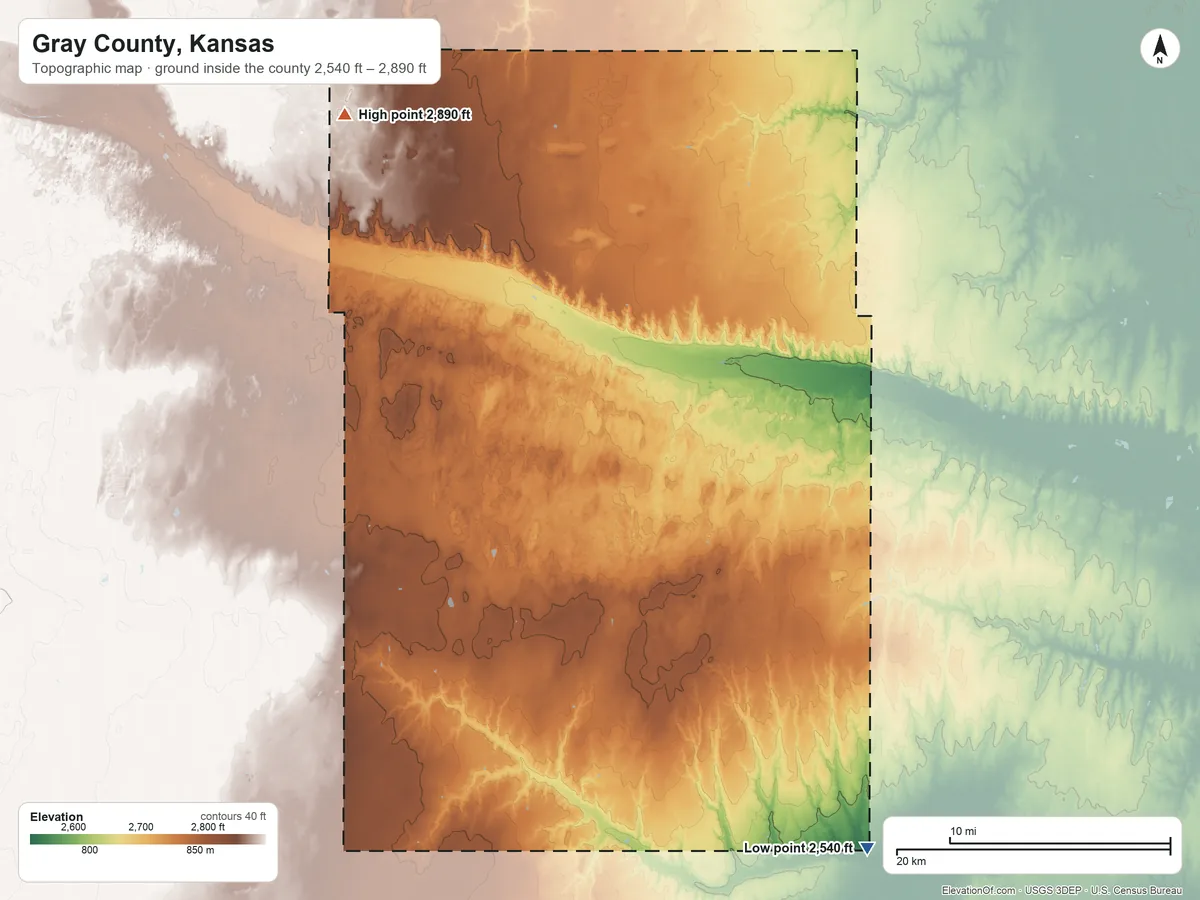 Topographic elevation map of Gray County, Kansas, shaded from 2,540 ft on the southeast side to 2,890 ft on the northwest side