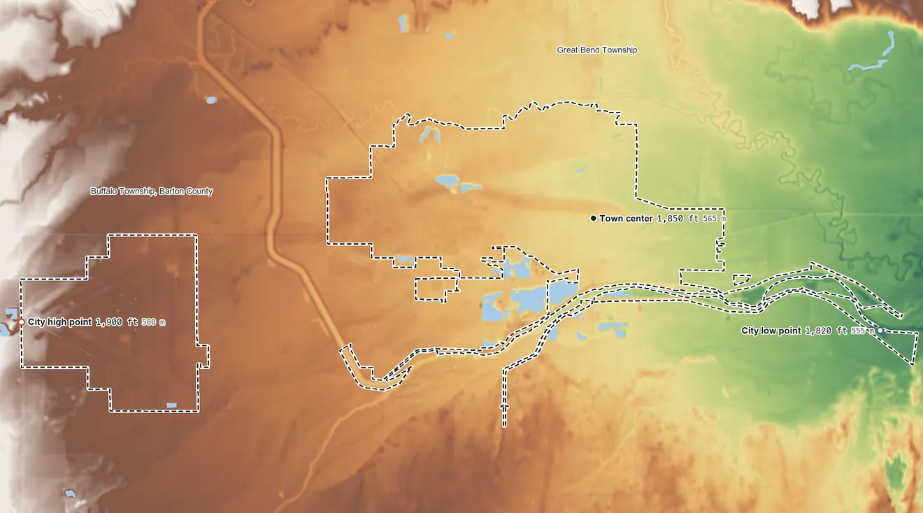 Topographic elevation map of Great Bend, Kansas, shaded from 1,820 ft on the east side to 1,900 ft on the west side