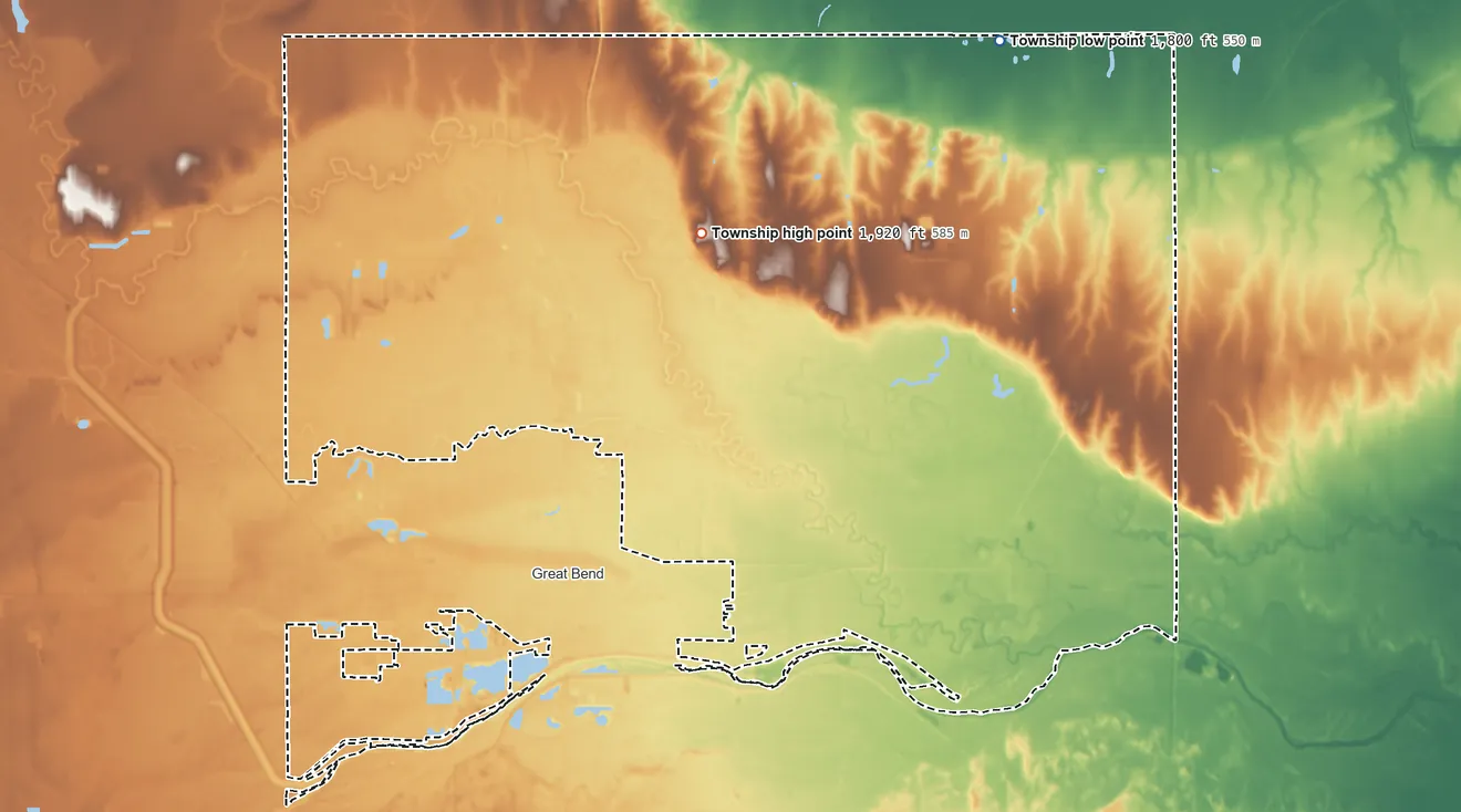 Topographic elevation map of Great Bend Township, Kansas, shaded from 1,800 ft on the northeast side to 1,920 ft on the northeast side