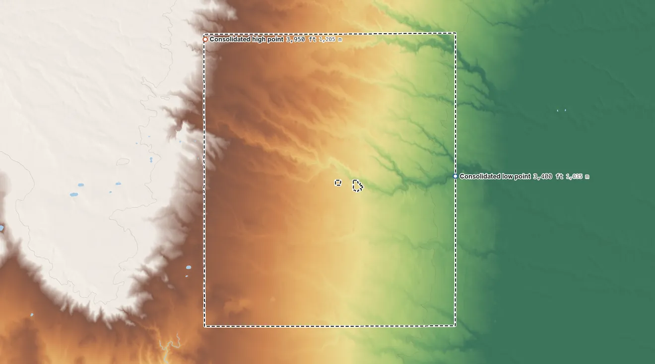 Topographic elevation map of Greeley County unified government, Kansas, shaded from 3,400 ft on the east side to 3,950 ft on the northwest side