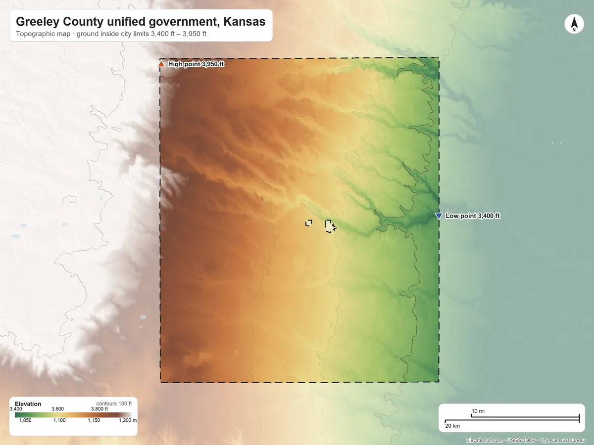 Topographic elevation map of Greeley County unified government, Kansas, shaded from 3,400 ft on the east side to 3,950 ft on the northwest side