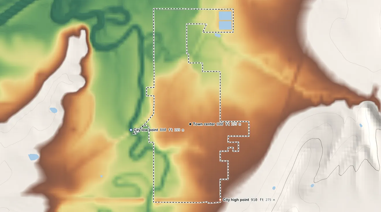 Topographic elevation map of Greeley, Kansas, shaded from 880 ft on the west side to 910 ft on the south side