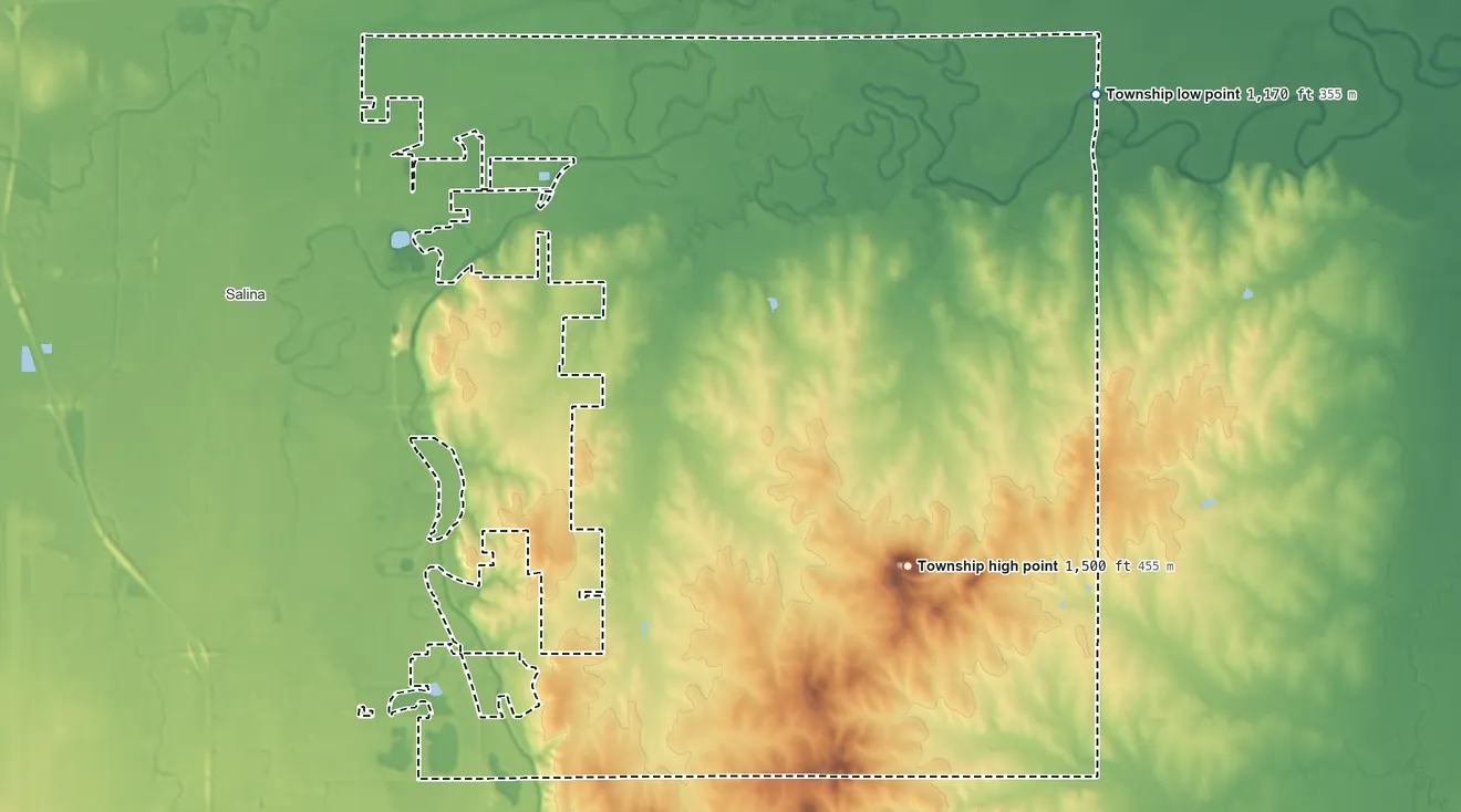 Topographic elevation map of Greeley Township, Saline County, Kansas, shaded from 1,170 ft on the northeast side to 1,498 ft on Iron Mound