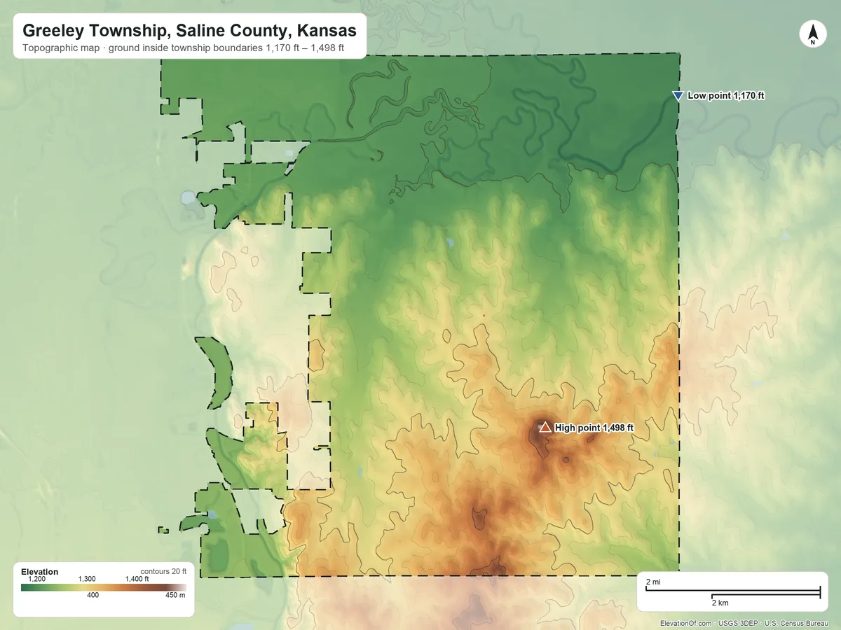 Topographic elevation map of Greeley Township, Saline County, Kansas, shaded from 1,170 ft on the northeast side to 1,498 ft on Iron Mound