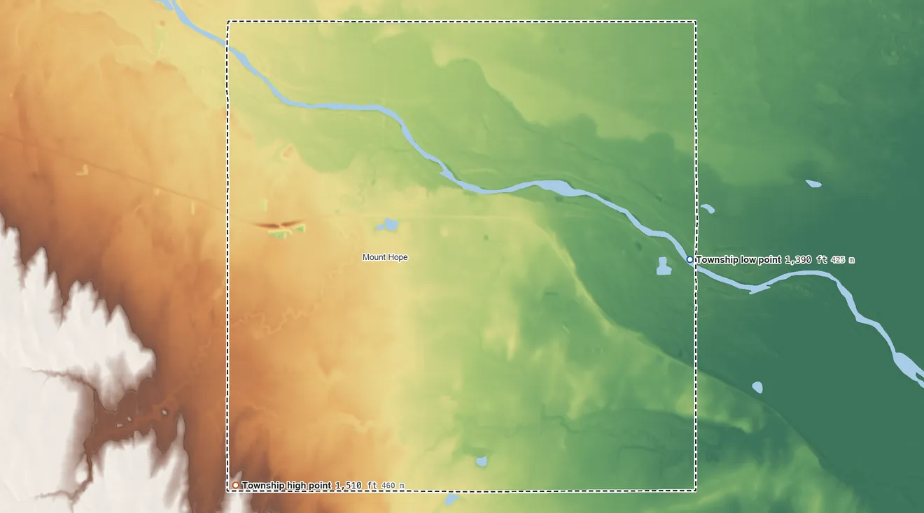 Topographic elevation map of Greeley Township, Kansas, shaded from 1,390 ft on the east side to 1,510 ft on the southwest side
