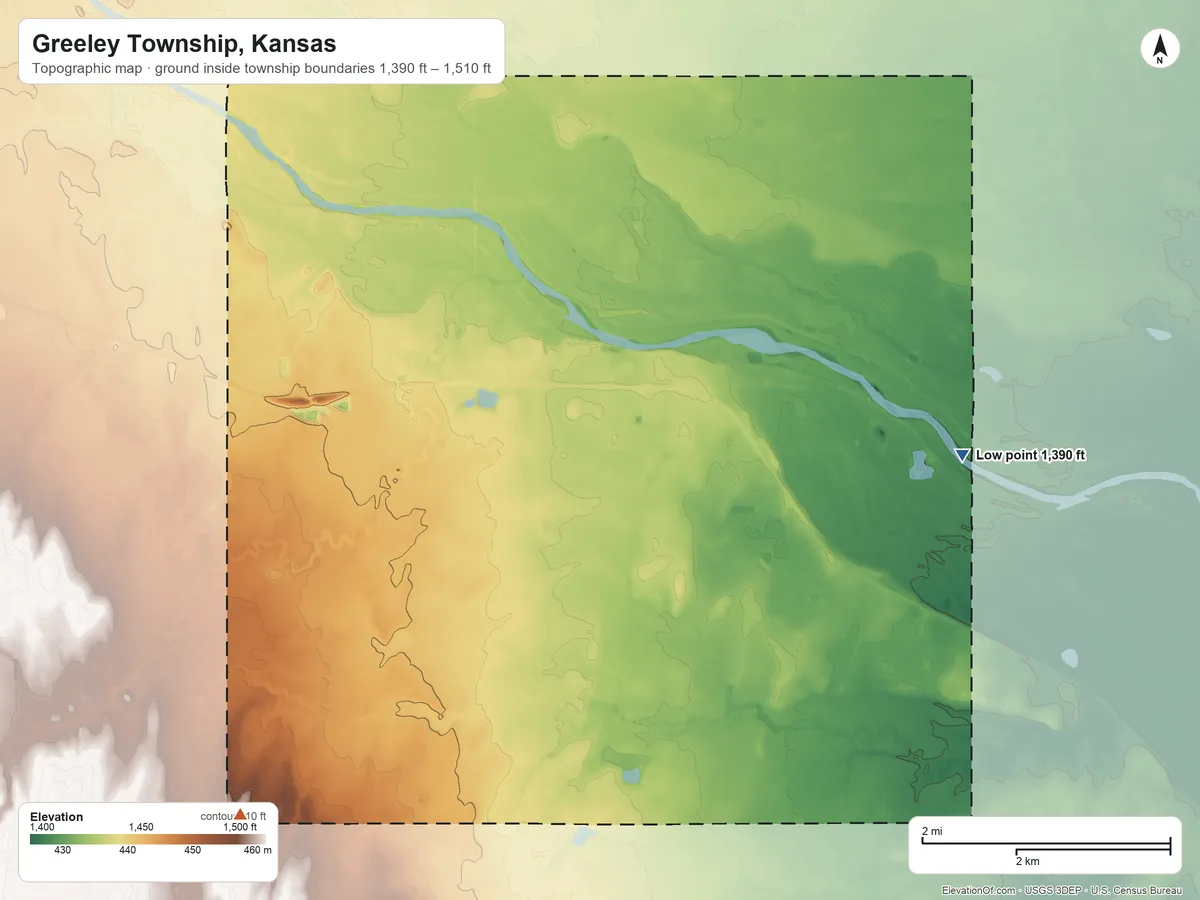Topographic elevation map of Greeley Township, Kansas, shaded from 1,390 ft on the east side to 1,510 ft on the southwest side