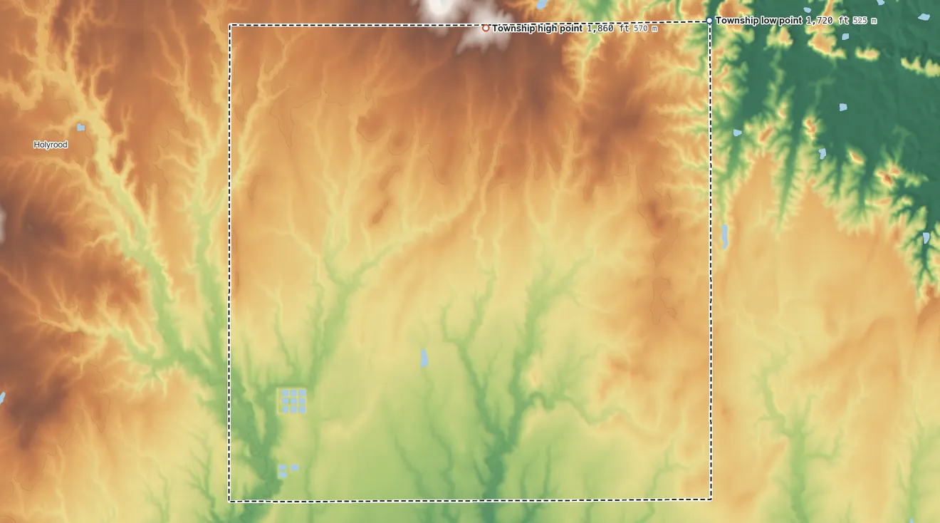 Topographic elevation map of Green Garden Township, Kansas, shaded from 1,720 ft on the northeast side to 1,860 ft on the north side
