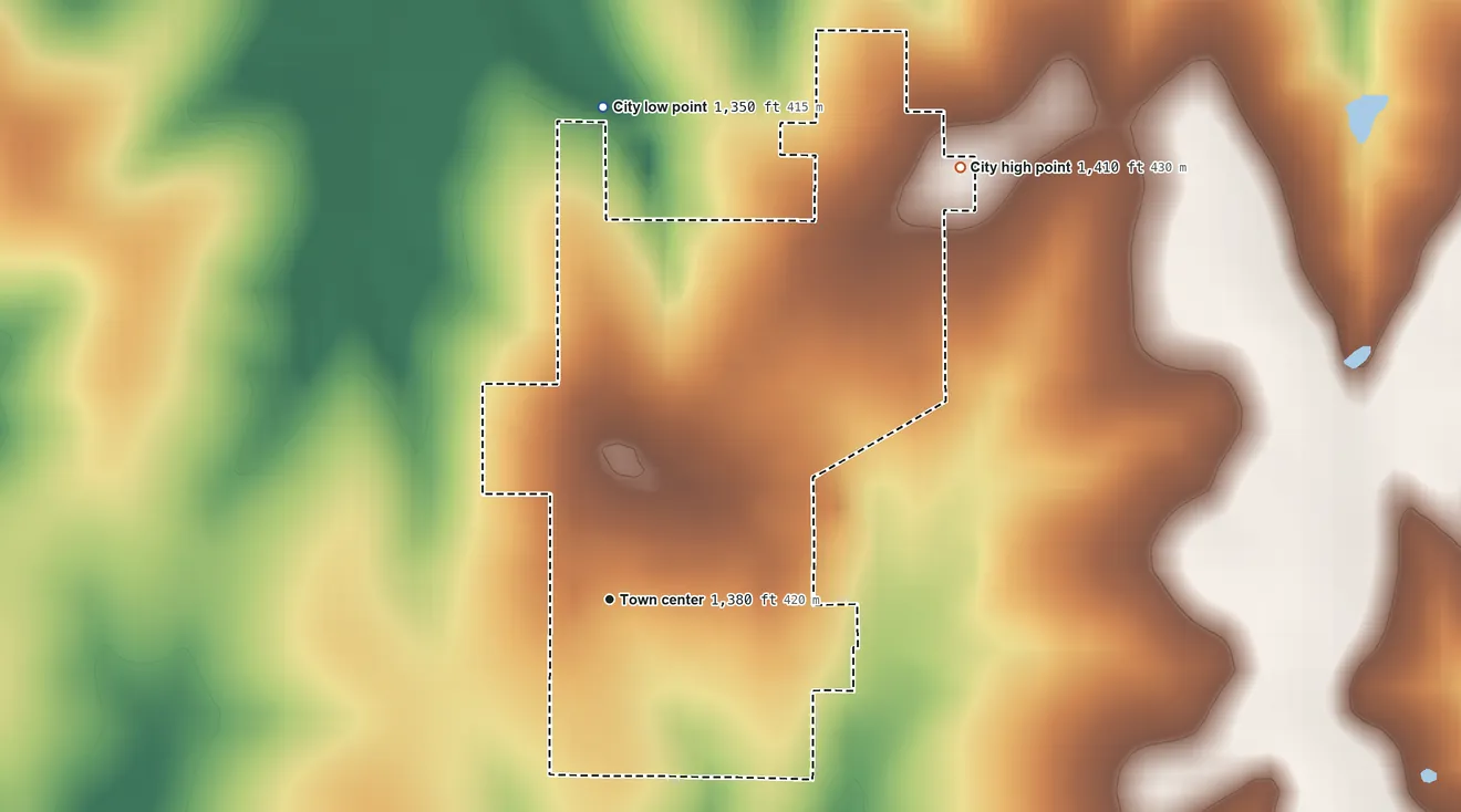 Topographic elevation map of Green, Kansas, shaded from 1,350 ft on the north side to 1,410 ft on the northeast side