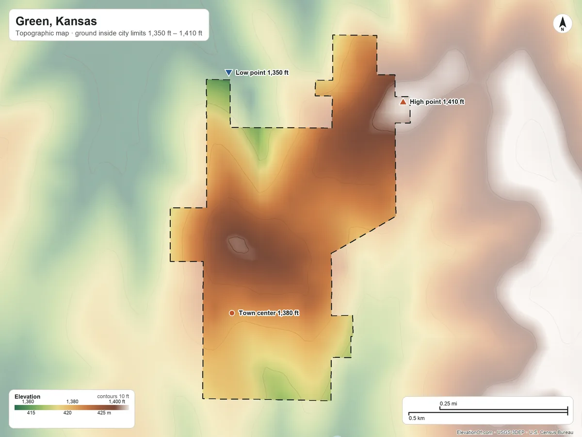 Topographic elevation map of Green, Kansas, shaded from 1,350 ft on the north side to 1,410 ft on the northeast side