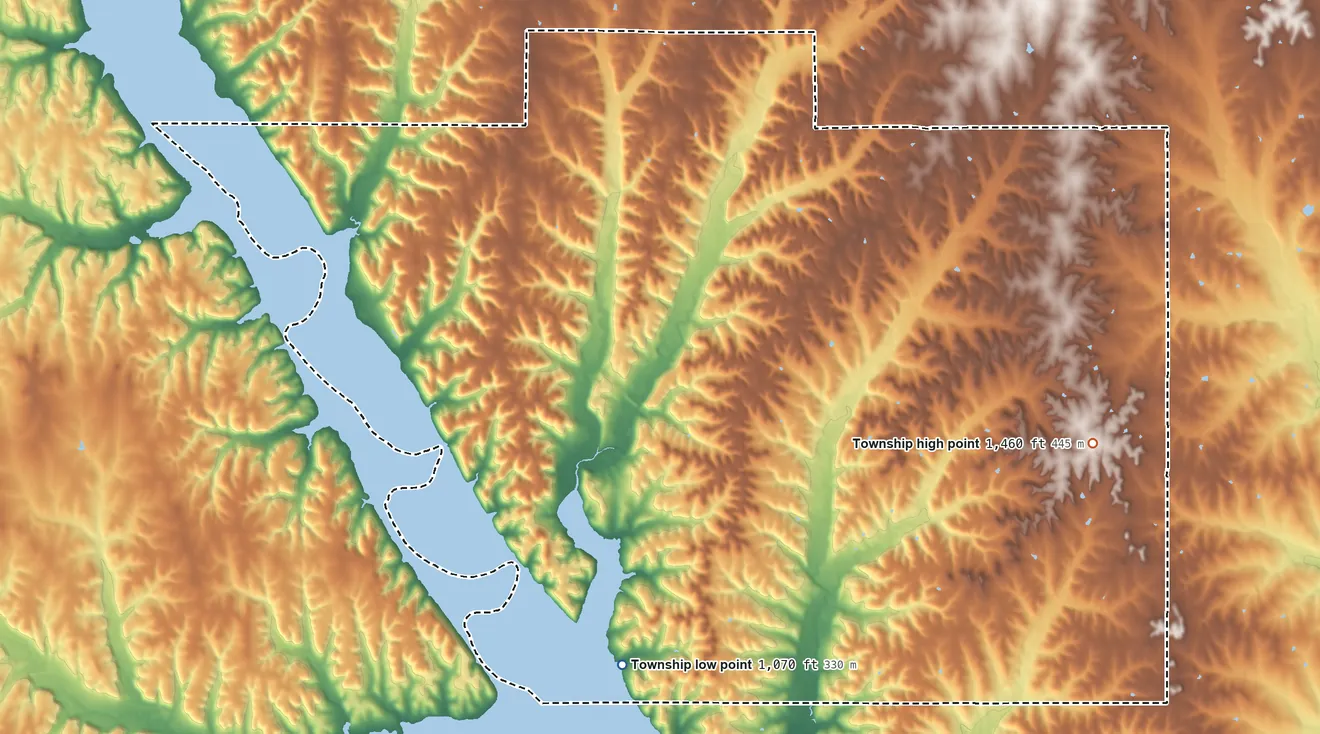 Topographic elevation map of Green Township, Kansas, shaded from 1,070 ft on the southwest side to 1,460 ft on the southeast side