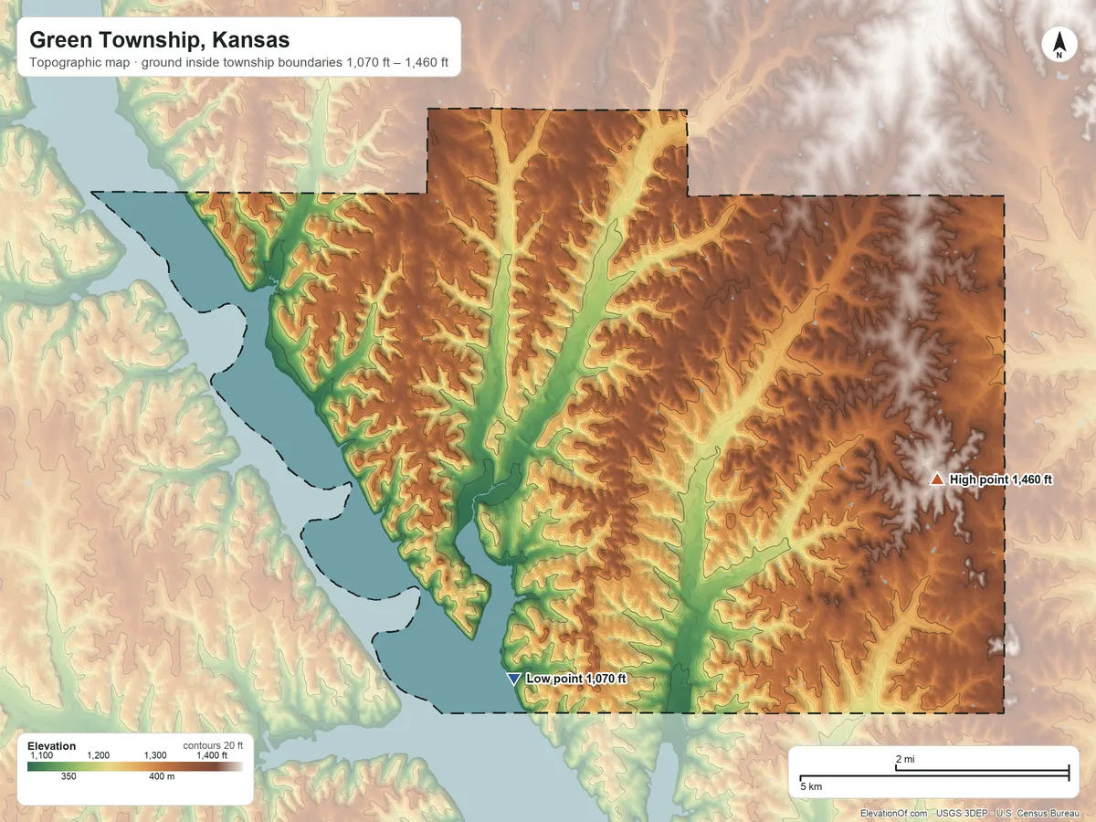 Topographic elevation map of Green Township, Kansas, shaded from 1,070 ft on the southwest side to 1,460 ft on the southeast side