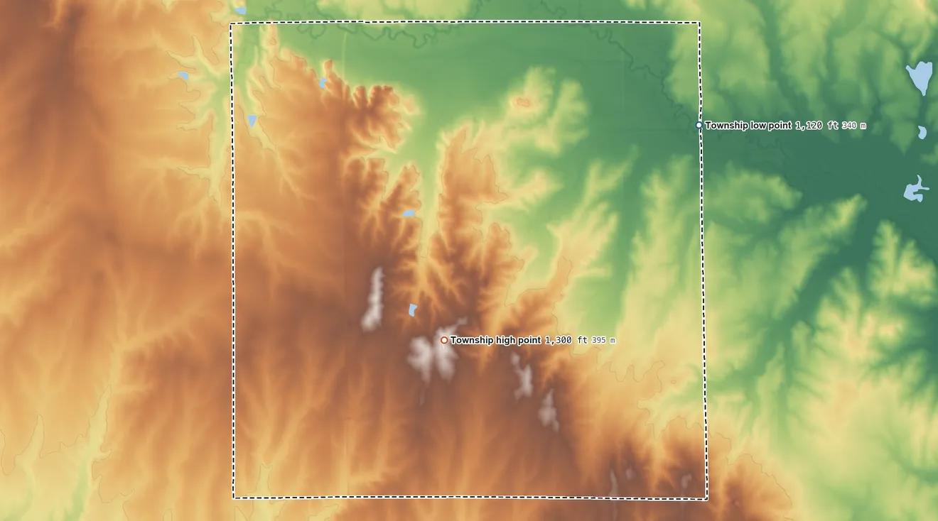 Topographic elevation map of Greene Township, Kansas, shaded from 1,120 ft on the northeast side to 1,300 ft on the southeast side