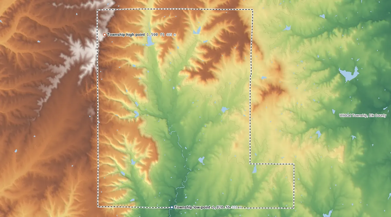 Topographic elevation map of Greenfield Township, Kansas, shaded from 1,020 ft on the south side to 1,590 ft on the northwest side
