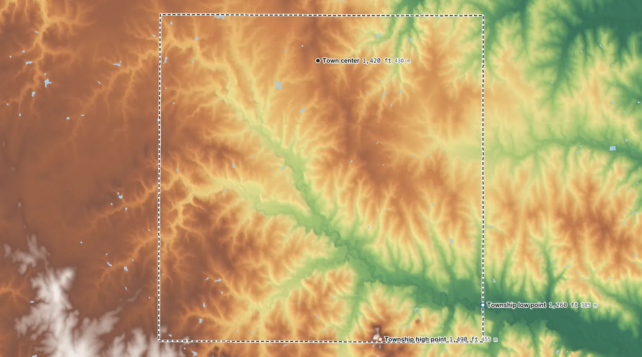 Topographic elevation map of Greenleaf Township, Kansas, shaded from 1,260 ft on the southeast side to 1,490 ft on the south side
