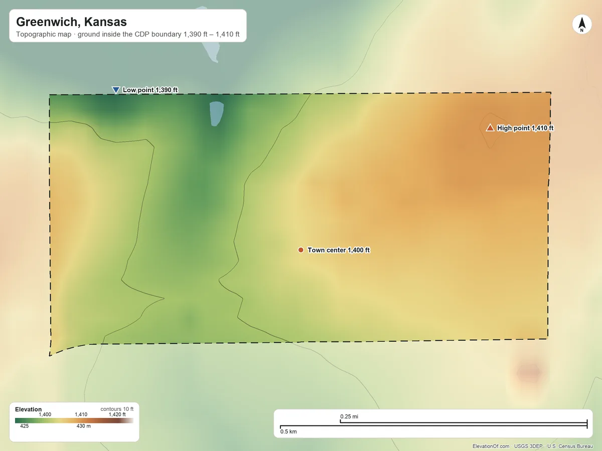 Topographic elevation map of Greenwich, Kansas, shaded from 1,390 ft on the northwest side to 1,410 ft on the northeast side