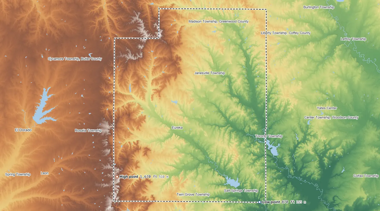 Topographic elevation map of Greenwood County, Kansas, shaded from 870 ft on the southeast side to 1,670 ft on the southwest side
