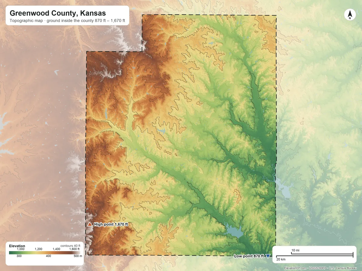 Topographic elevation map of Greenwood County, Kansas, shaded from 870 ft on the southeast side to 1,670 ft on the southwest side