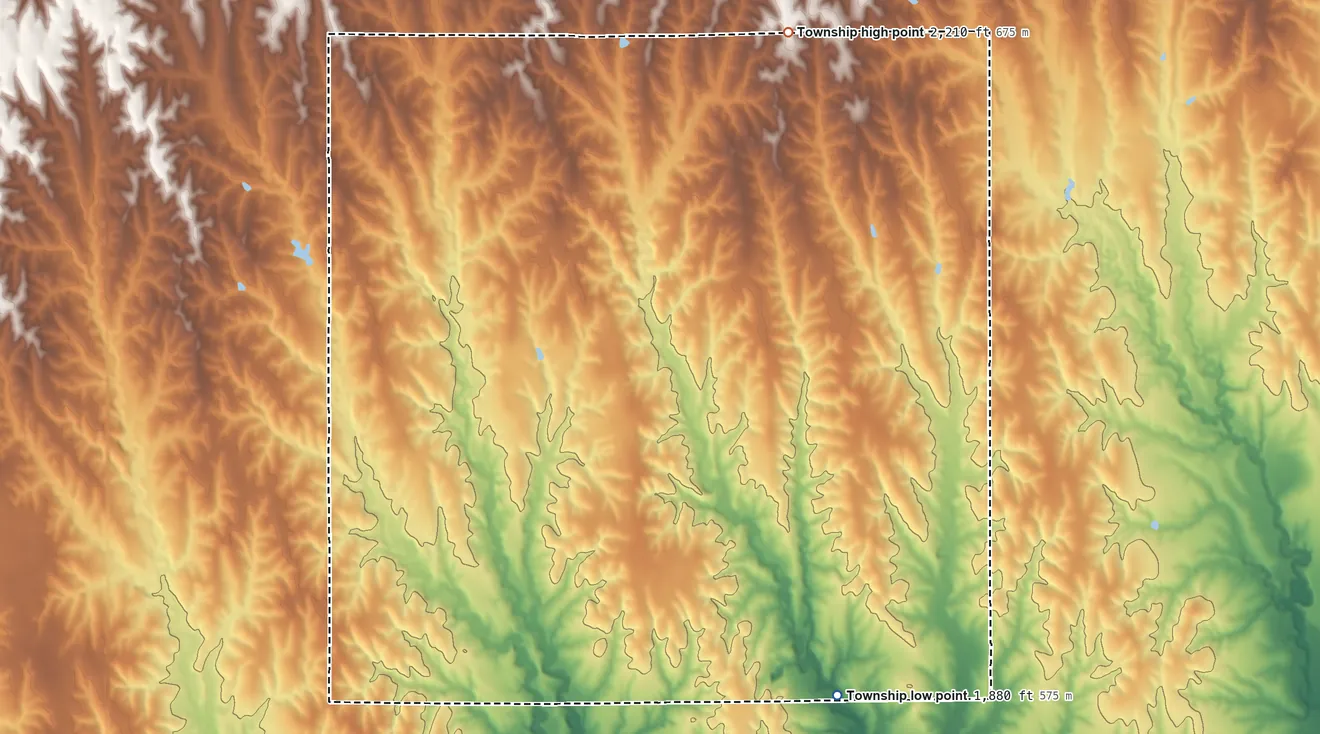 Topographic elevation map of Greenwood Township, Phillips County, Kansas, shaded from 1,880 ft on the southeast side to 2,210 ft on the north side