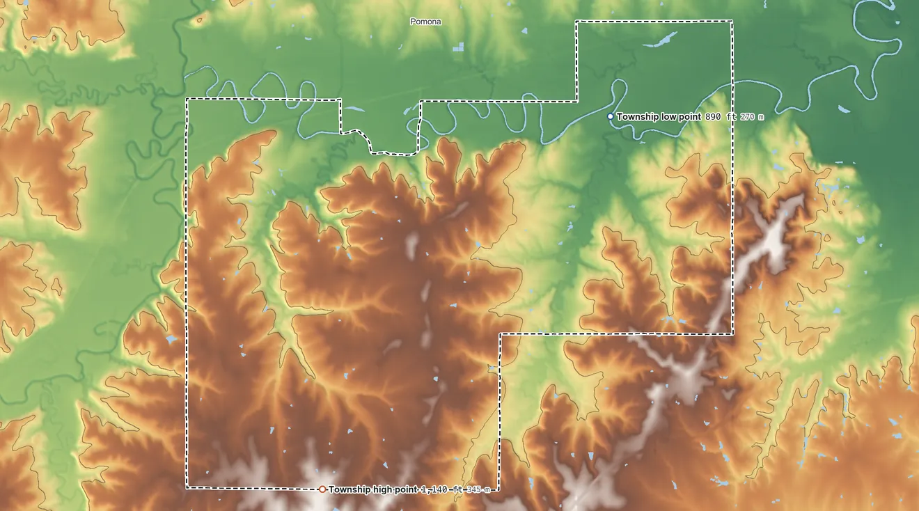 Topographic elevation map of Greenwood Township, Kansas, shaded from 890 ft on the northeast side to 1,140 ft on the southwest side
