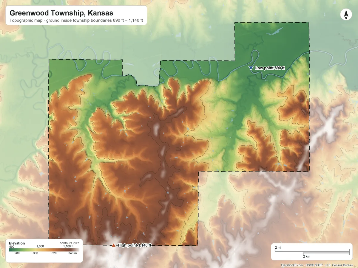 Topographic elevation map of Greenwood Township, Kansas, shaded from 890 ft on the northeast side to 1,140 ft on the southwest side