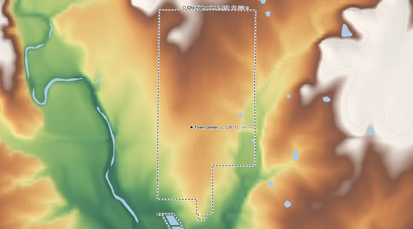 Topographic elevation map of Grenola, Kansas, shaded from 1,080 ft on the south side to 1,150 ft on the north side