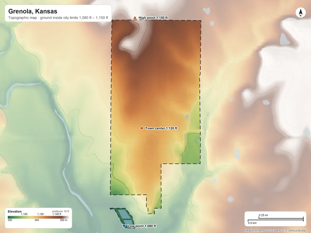 Topographic elevation map of Grenola, Kansas, shaded from 1,080 ft on the south side to 1,150 ft on the north side