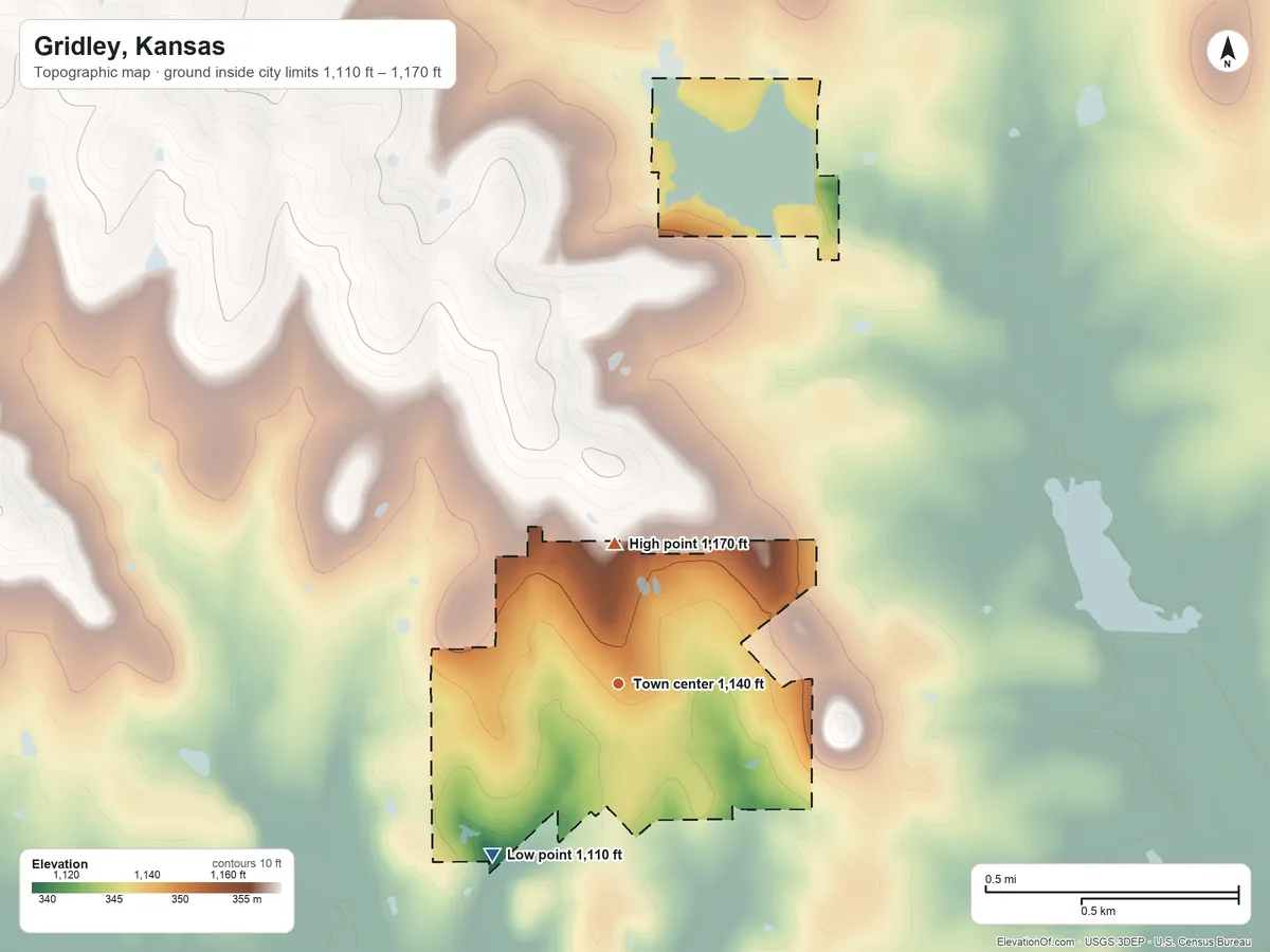 Topographic elevation map of Gridley, Kansas, shaded from 1,110 ft on the southwest side to 1,170 ft on the north side