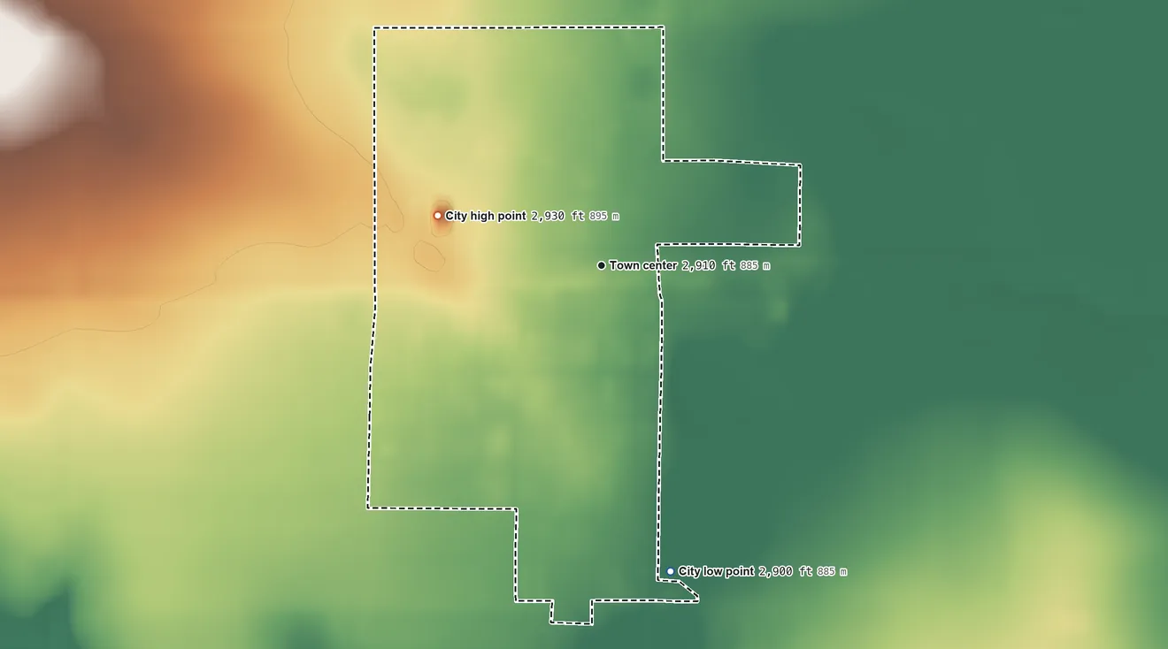 Topographic elevation map of Grinnell, Kansas, shaded from 2,900 ft on the south side to 2,930 ft on the west side