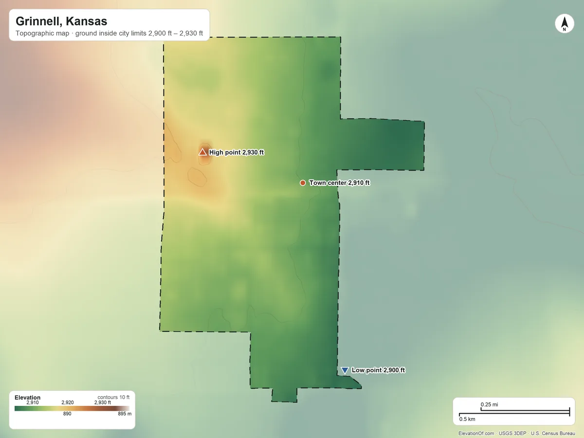 Topographic elevation map of Grinnell, Kansas, shaded from 2,900 ft on the south side to 2,930 ft on the west side