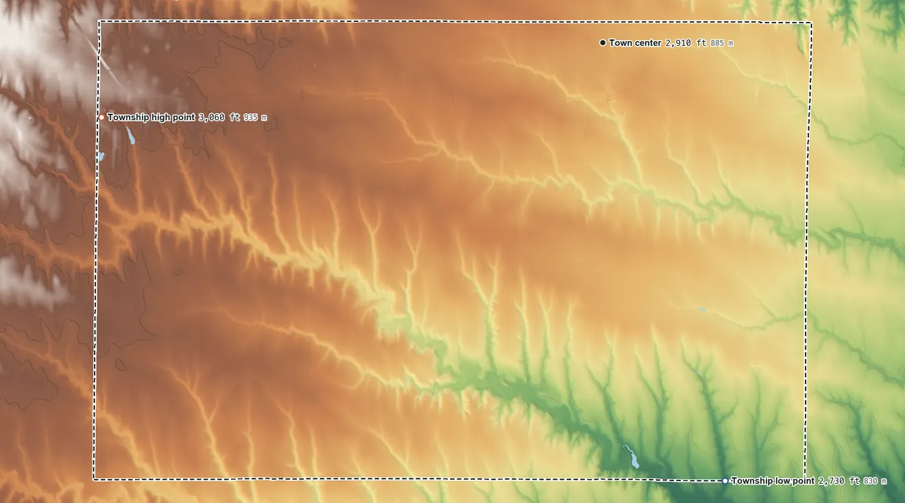Topographic elevation map of Grinnell Township, Kansas, shaded from 2,730 ft on the south side to 3,060 ft on the west side