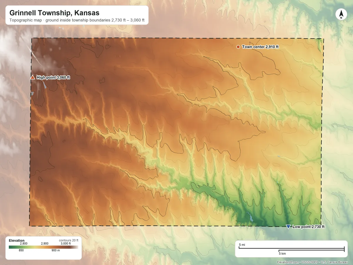 Topographic elevation map of Grinnell Township, Kansas, shaded from 2,730 ft on the south side to 3,060 ft on the west side