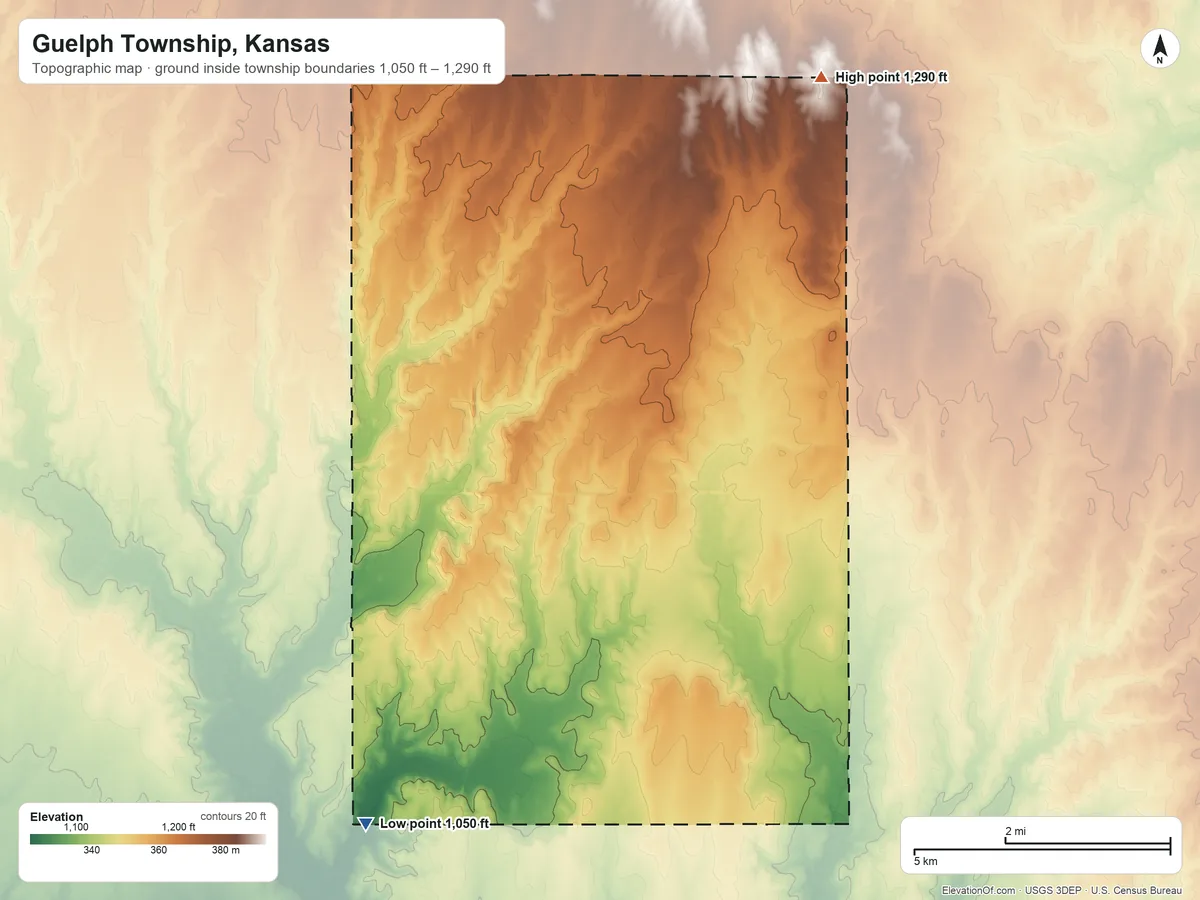 Topographic elevation map of Guelph Township, Kansas, shaded from 1,050 ft on the southwest side to 1,290 ft on the northeast side
