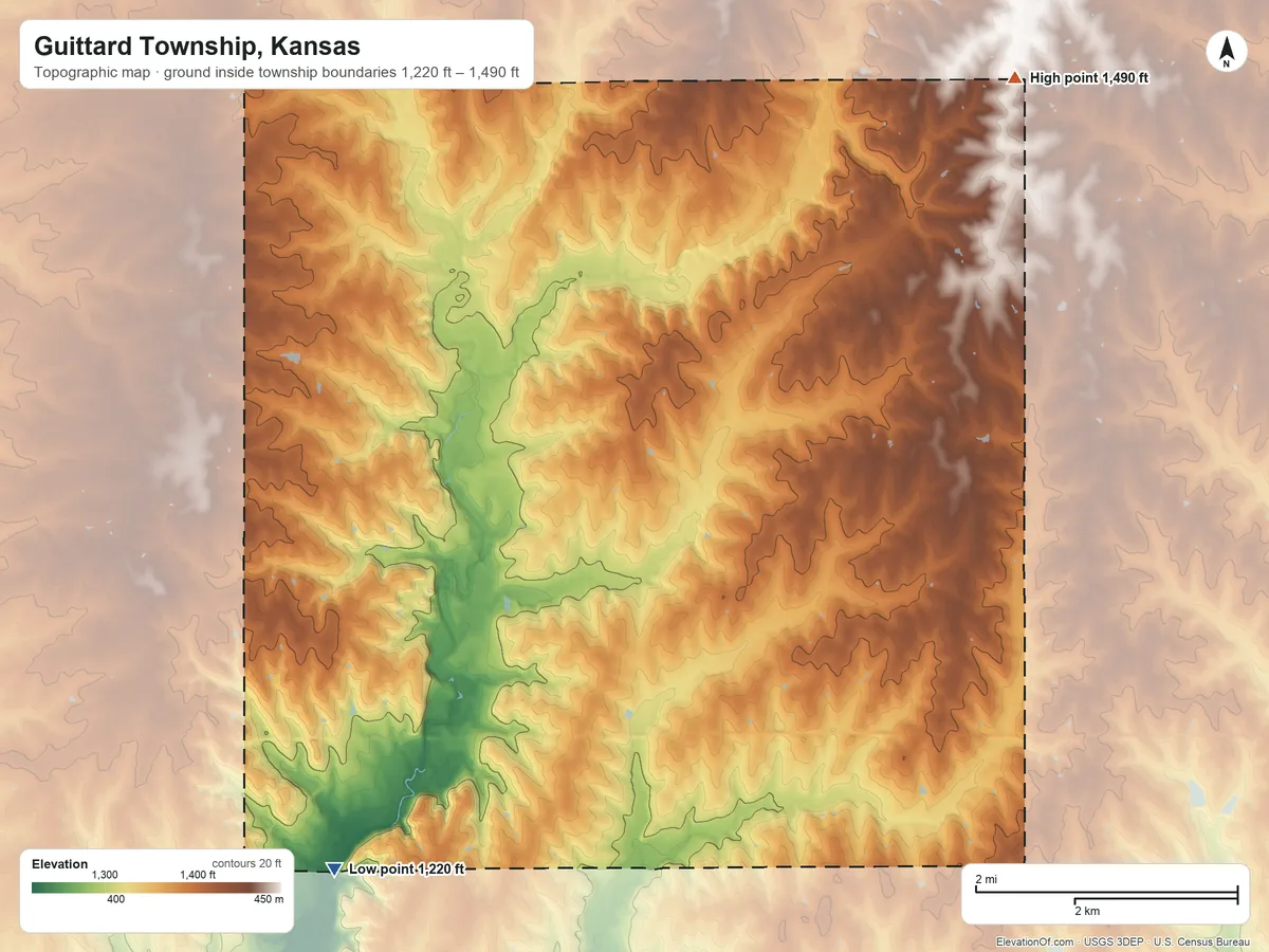 Topographic elevation map of Guittard Township, Kansas, shaded from 1,220 ft on the southwest side to 1,490 ft on the northeast side