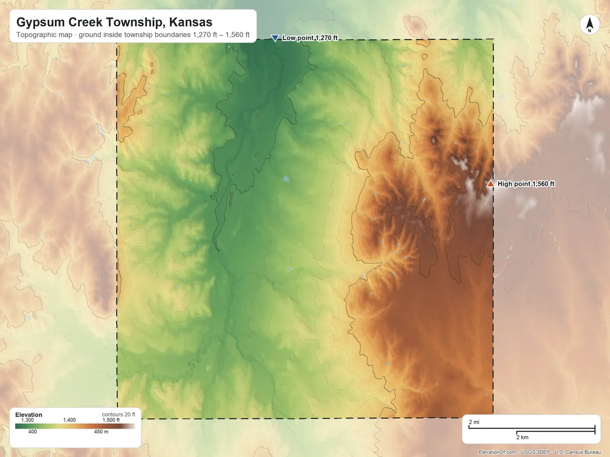 Topographic elevation map of Gypsum Creek Township, Kansas, shaded from 1,270 ft on the north side to 1,560 ft on the east side
