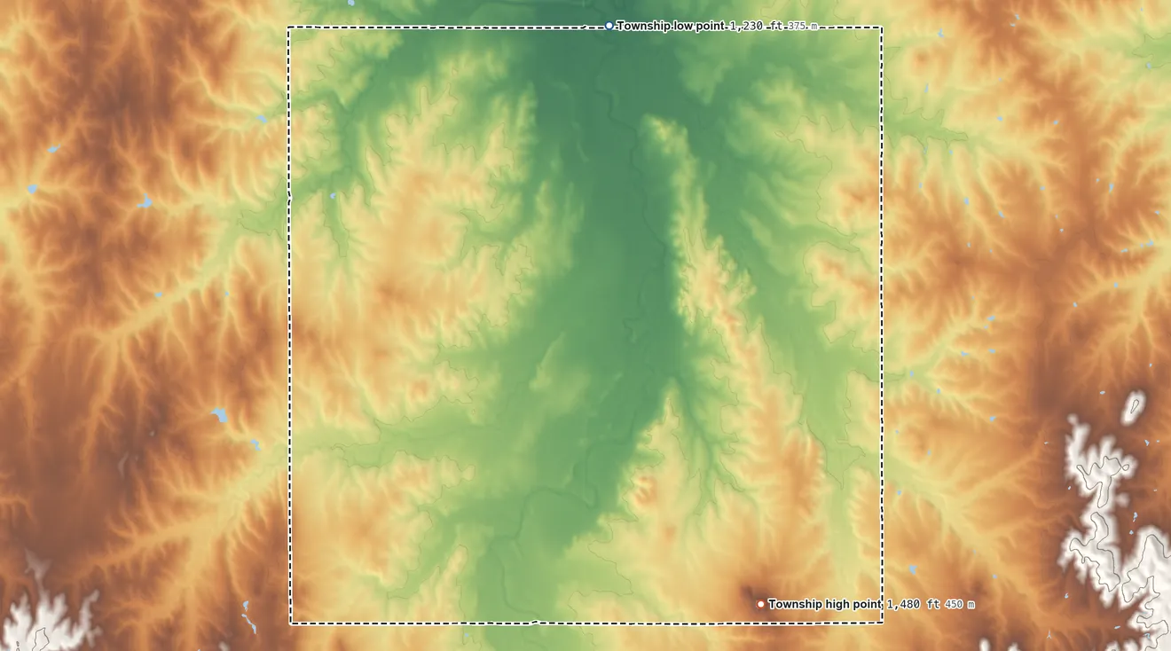 Topographic elevation map of Gypsum Township, Saline County, Kansas, shaded from 1,230 ft on the north side to 1,480 ft on the southeast side