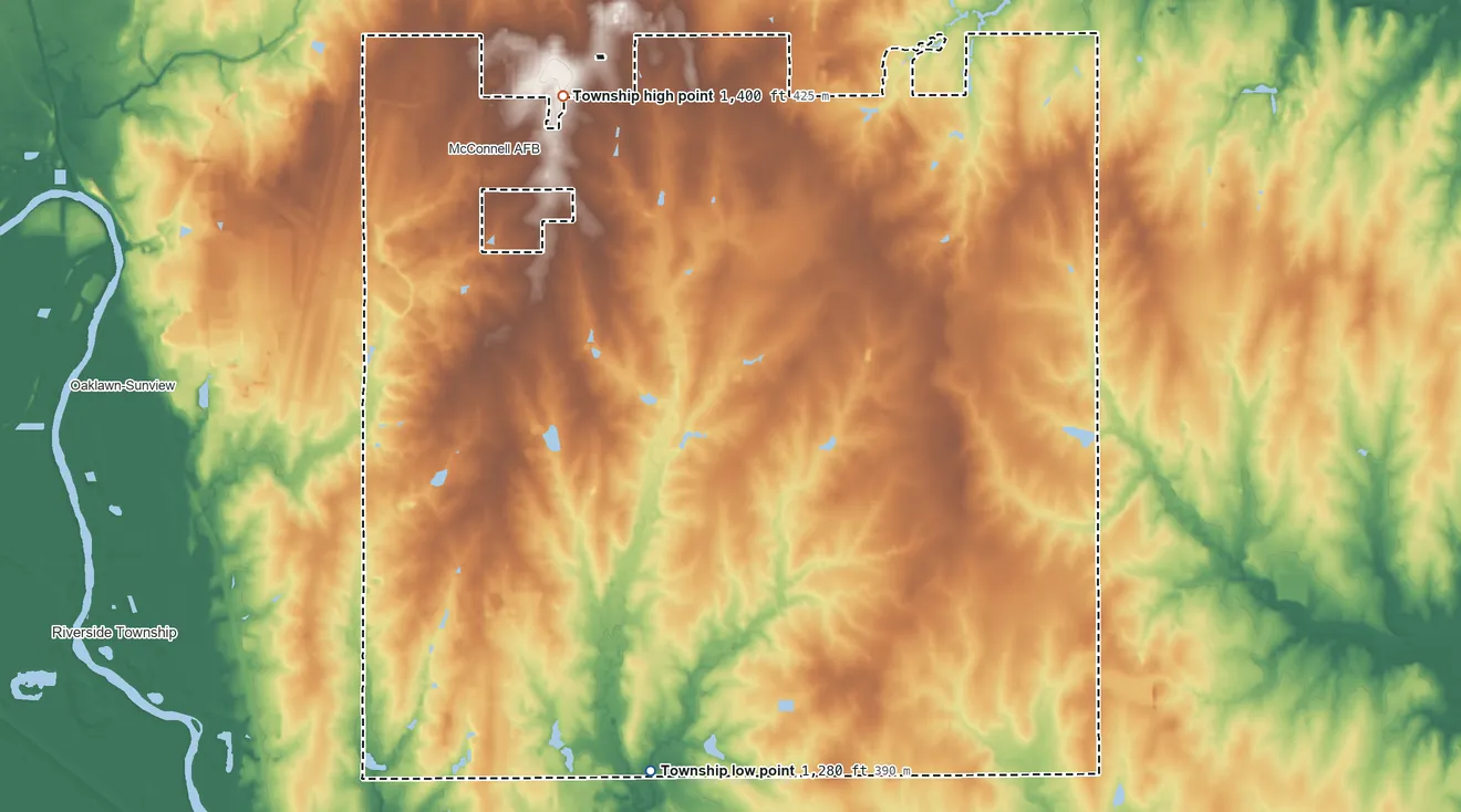 Topographic elevation map of Gypsum Township, Kansas, shaded from 1,280 ft on the south side to 1,400 ft on the north side