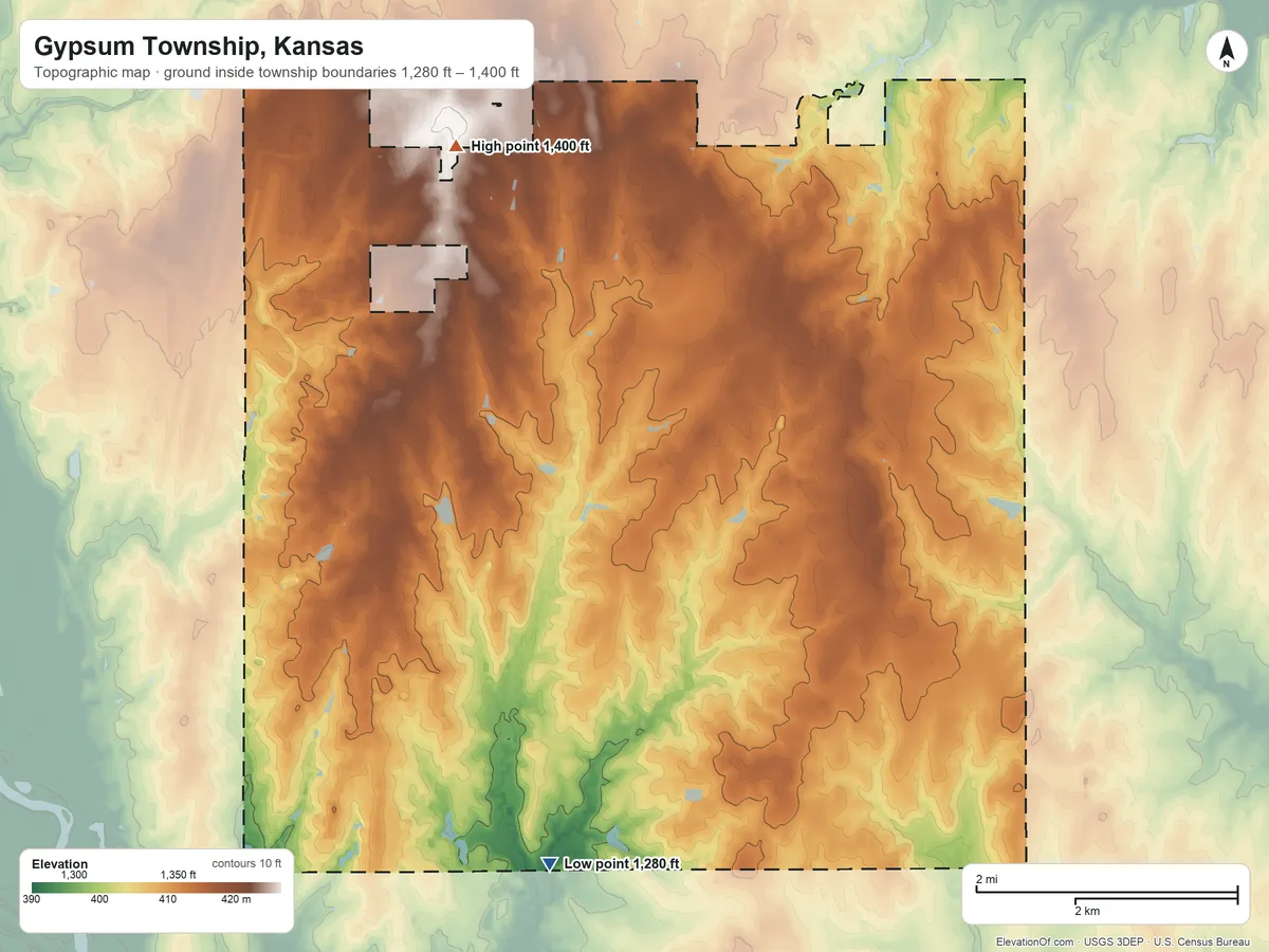 Topographic elevation map of Gypsum Township, Kansas, shaded from 1,280 ft on the south side to 1,400 ft on the north side
