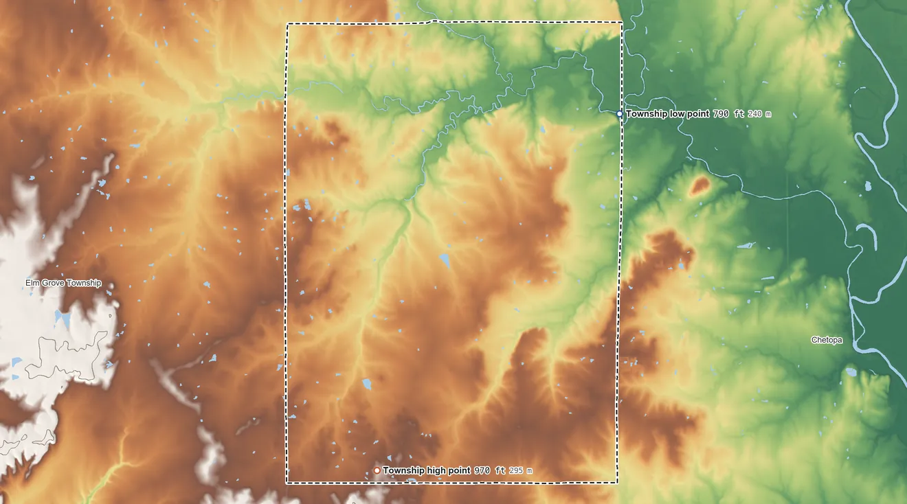 Topographic elevation map of Hackberry Township, Kansas, shaded from 790 ft on the northeast side to 970 ft on the south side