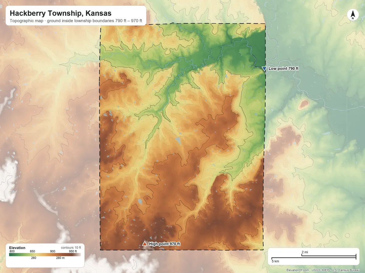 Topographic elevation map of Hackberry Township, Kansas, shaded from 790 ft on the northeast side to 970 ft on the south side