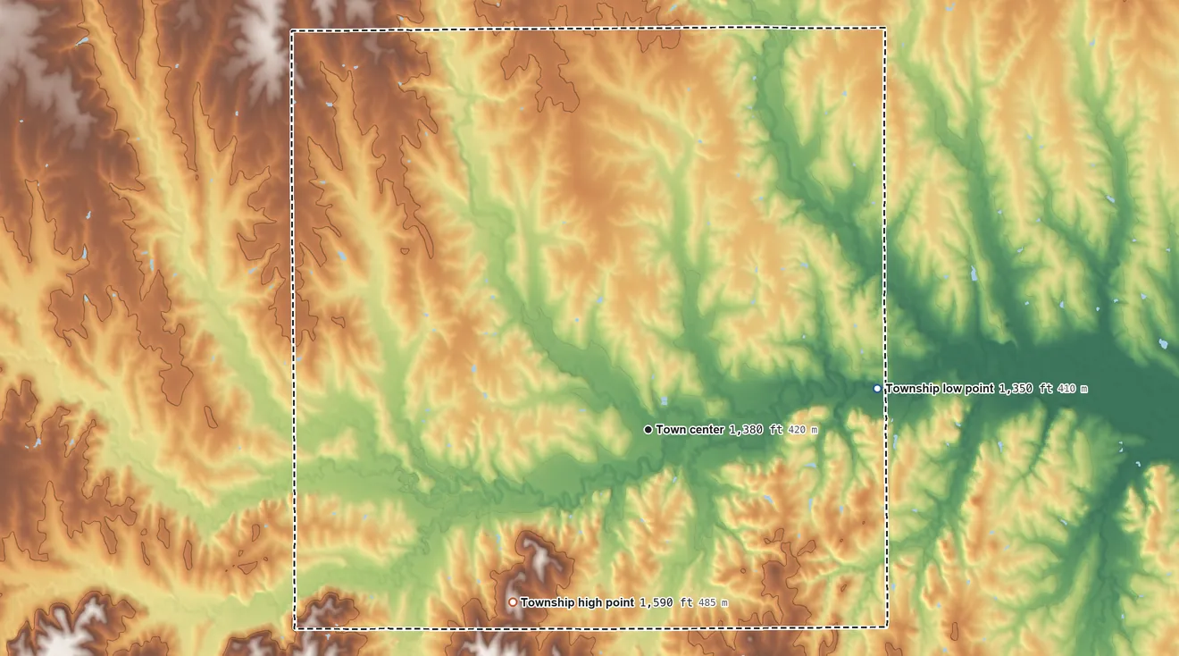 Topographic elevation map of Haddam Township, Kansas, shaded from 1,350 ft on the east side to 1,590 ft on the southwest side
