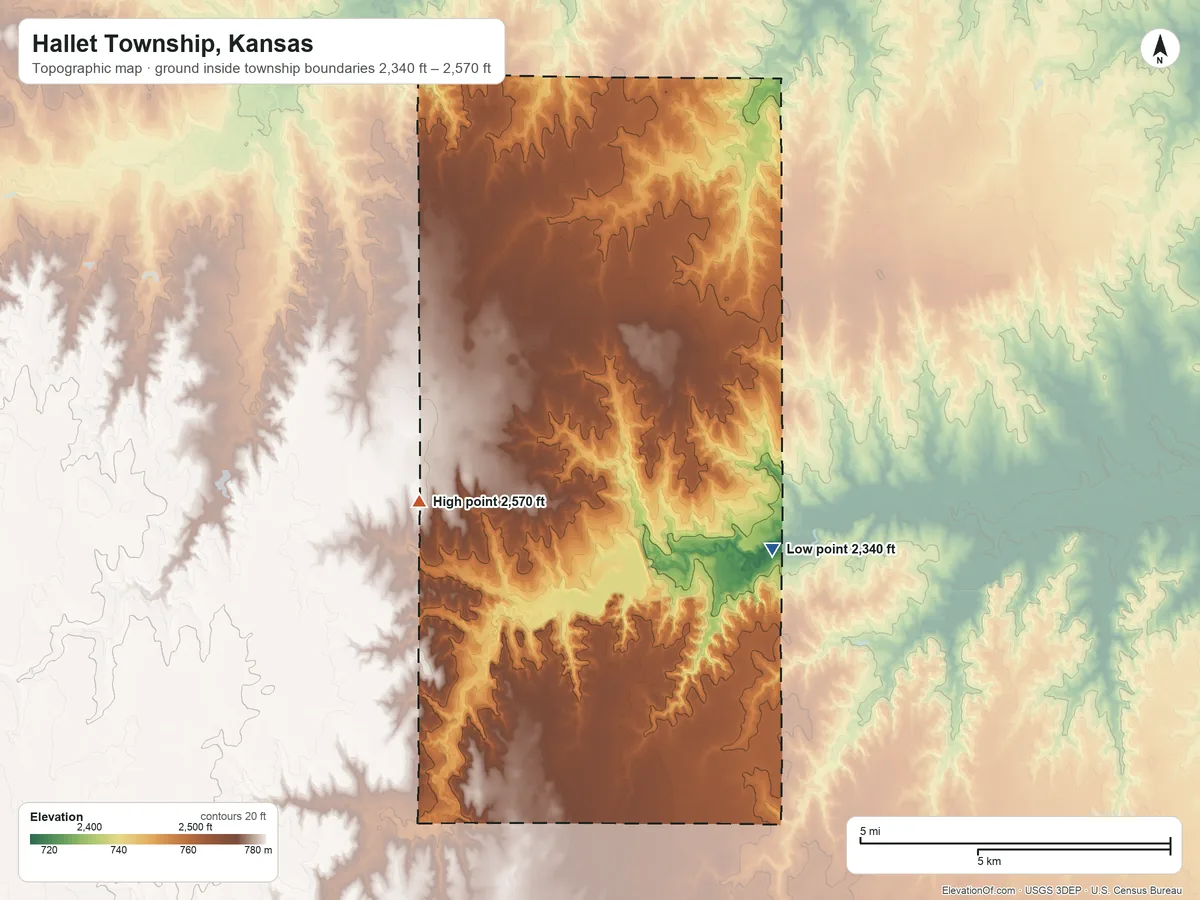 Topographic elevation map of Hallet Township, Kansas, shaded from 2,340 ft on the east side to 2,570 ft on the northwest side