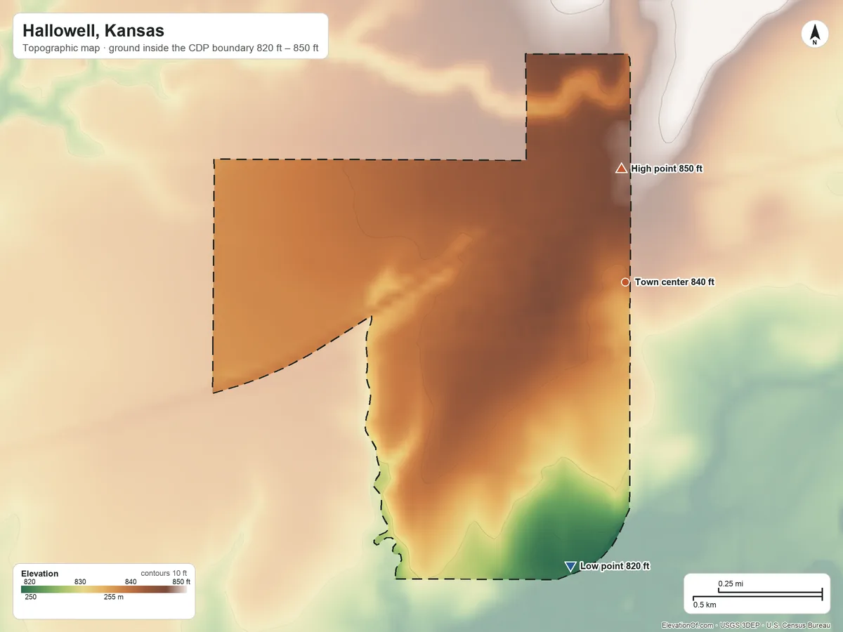 Topographic elevation map of Hallowell, Kansas, shaded from 820 ft on the south side to 850 ft on the north side