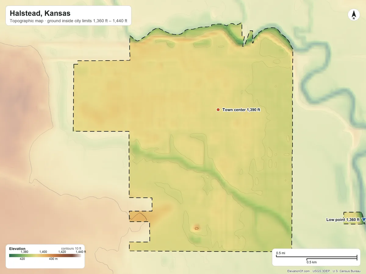 Topographic elevation map of Halstead, Kansas, shaded from 1,360 ft on the southeast side to 1,440 ft on the northeast side