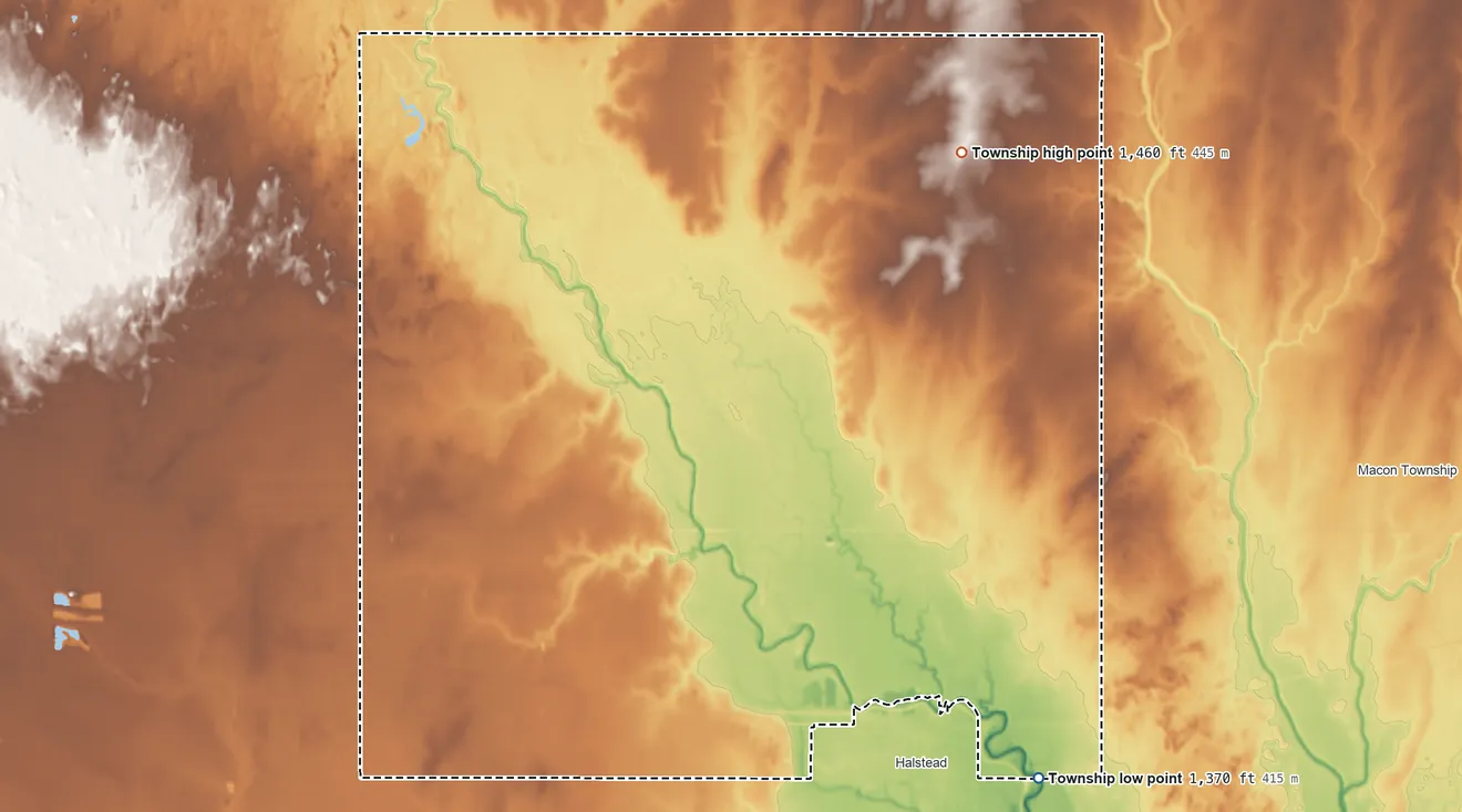 Topographic elevation map of Halstead Township, Kansas, shaded from 1,370 ft on the southeast side to 1,460 ft on the northeast side