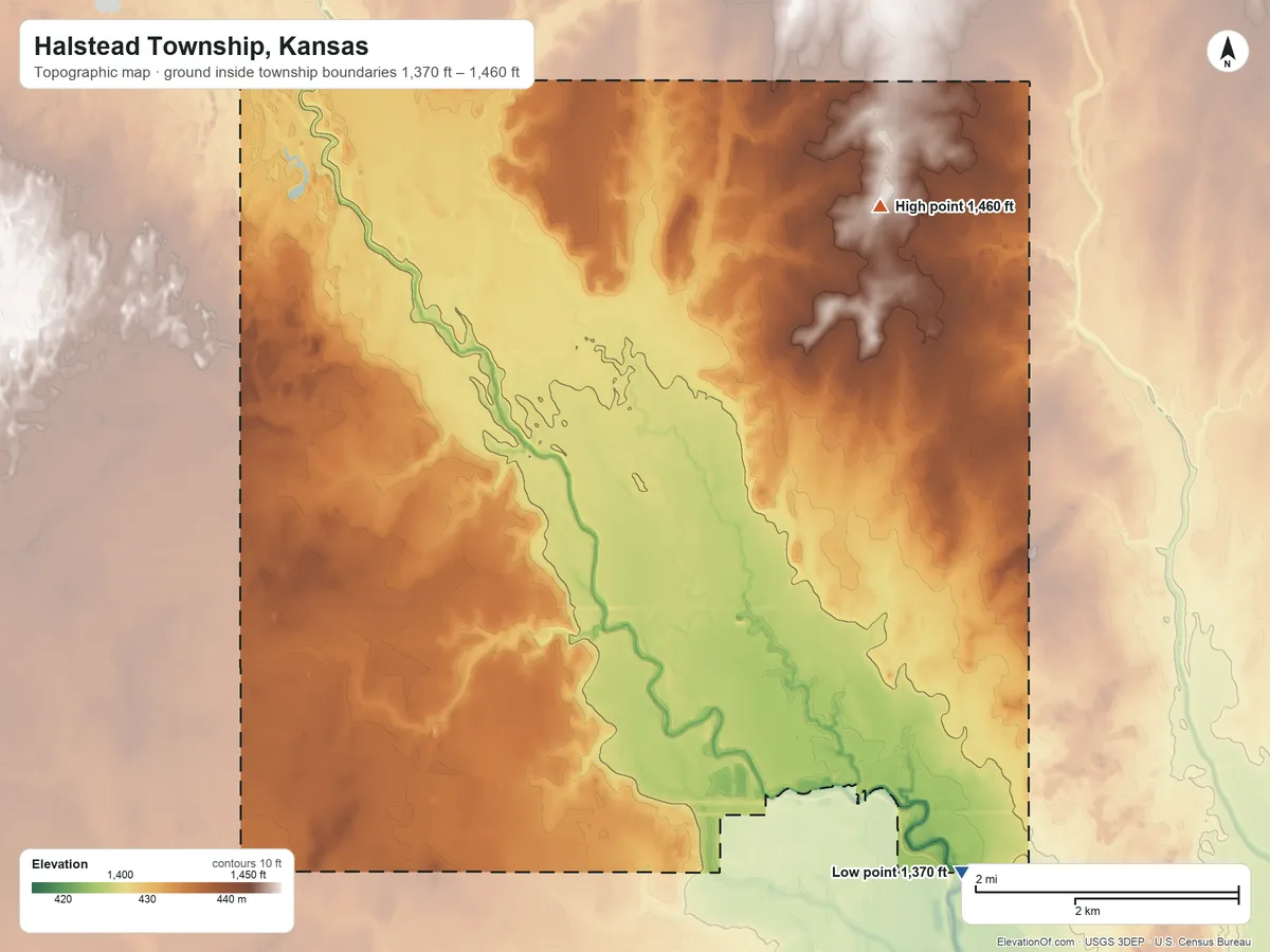 Topographic elevation map of Halstead Township, Kansas, shaded from 1,370 ft on the southeast side to 1,460 ft on the northeast side